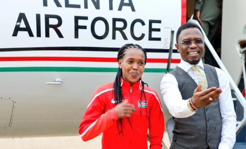 File image of Faith Kipyegon and Sports CS Ababu Namwamba.